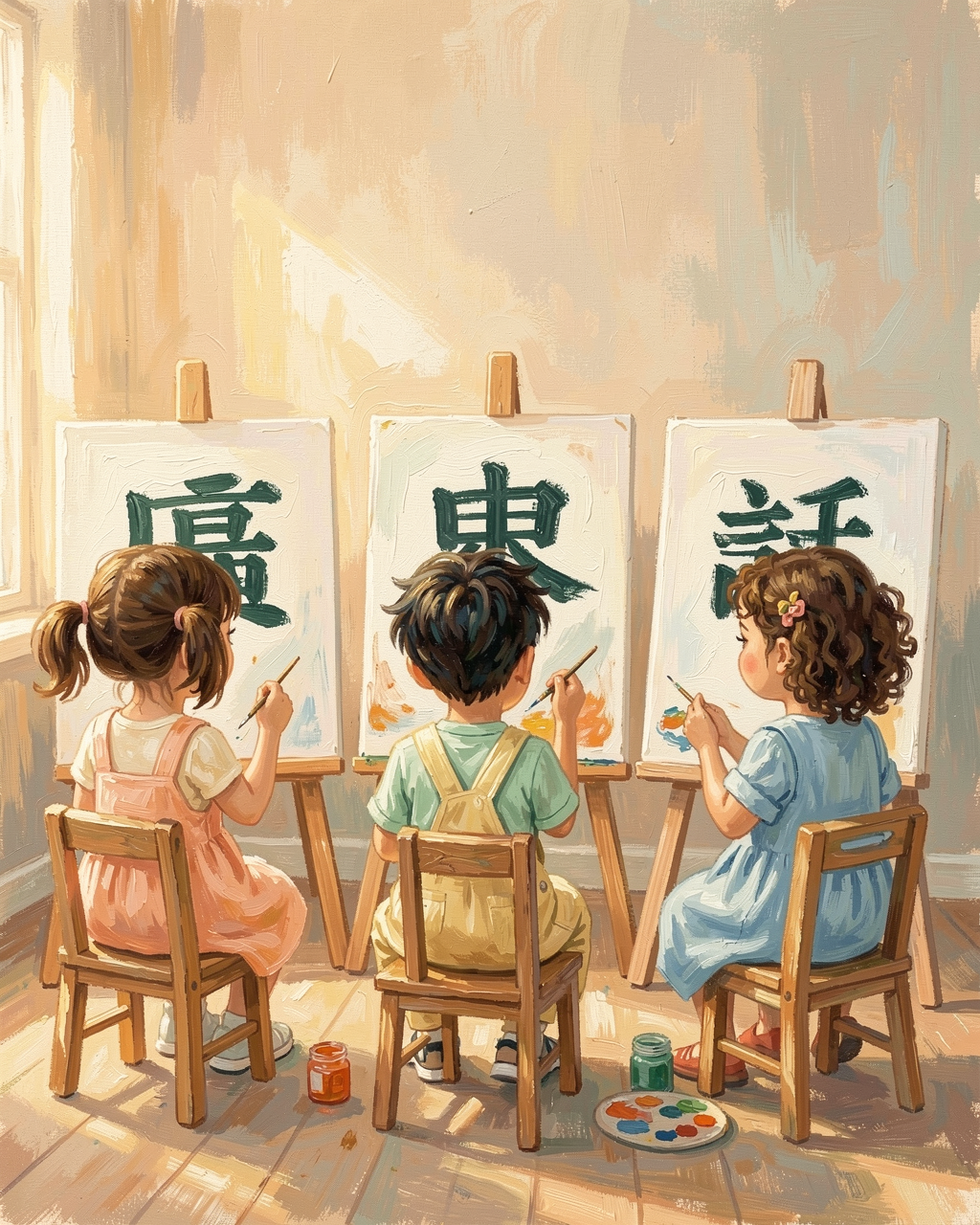 Painting of three children at easels, each painting one character of 廣東話.